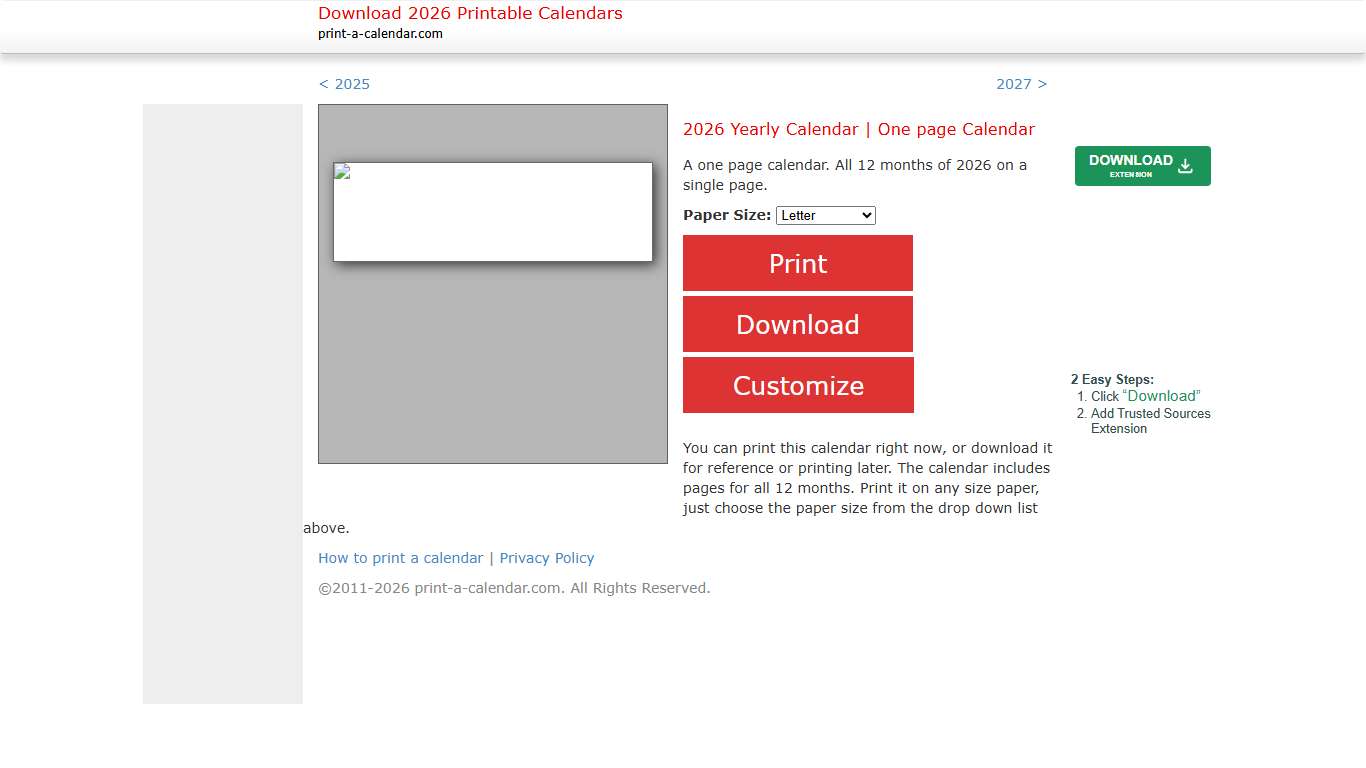 2026 One Page Calendar
