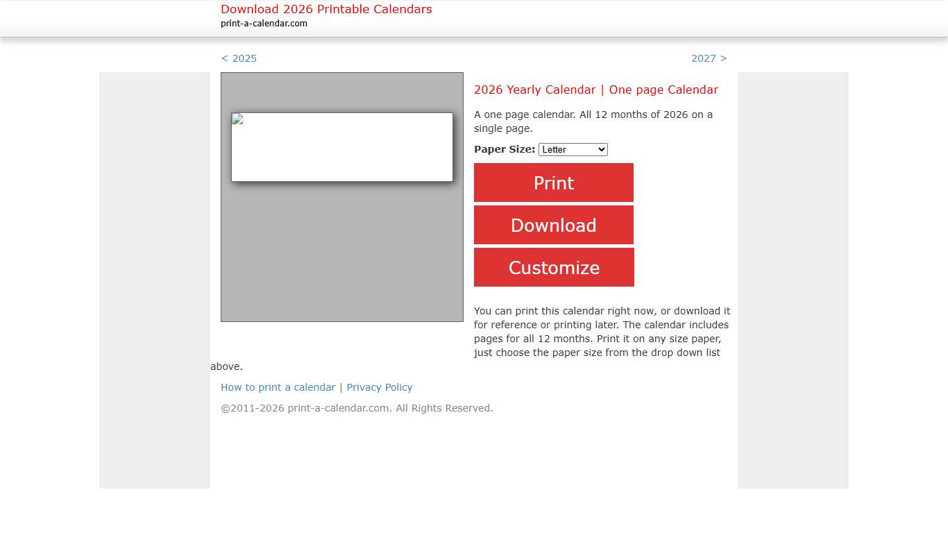 2026 One Page Calendar